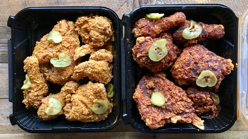 KFC Georgia Gold chicken (left) and Nashville Hot chicken. (Photo: Kevin Pang)